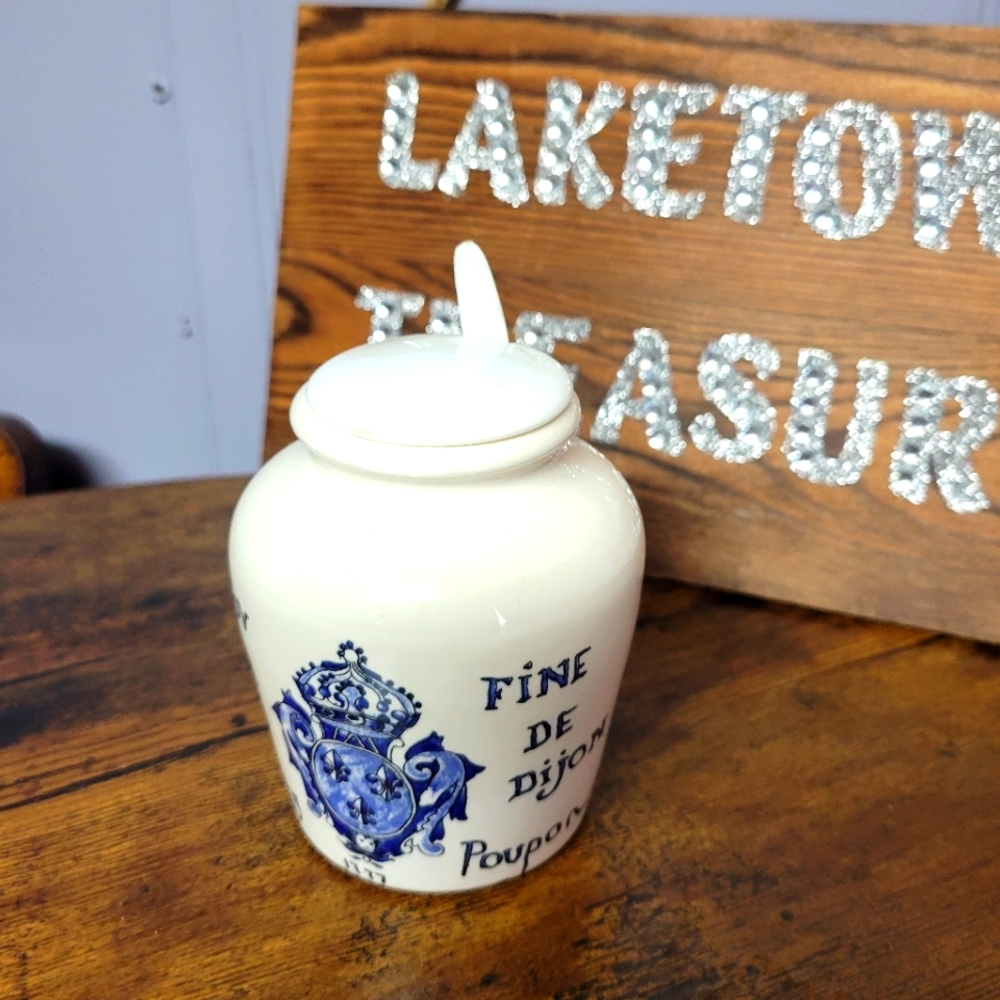 Rare Vintage Grey Poupon White/Blue  Mustard Jar ceramic